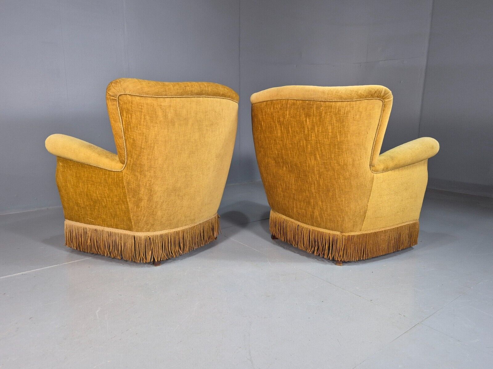 Pair Of Vintage Danish Gold Velour Armchairs Tassels Art Deco Style EB8068 VCLO - UKDK FURNITURE