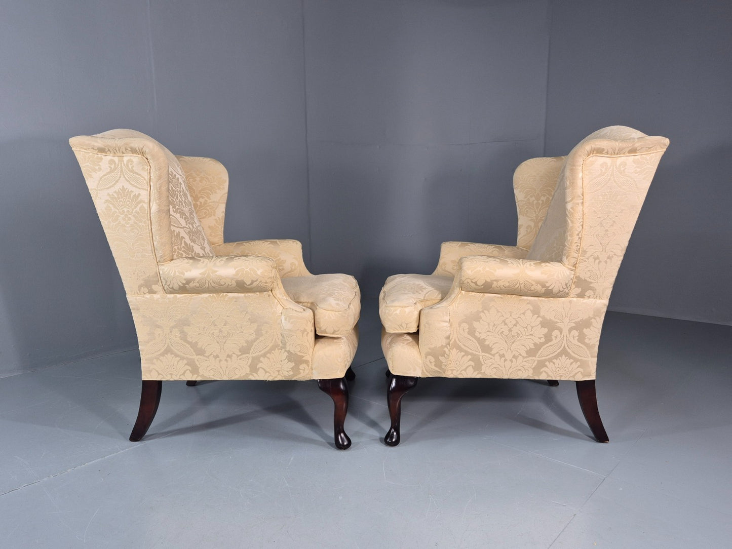 Georgian Style Wingback Armchairs Pair Gold Floral Fabric EB10934 VCLO16