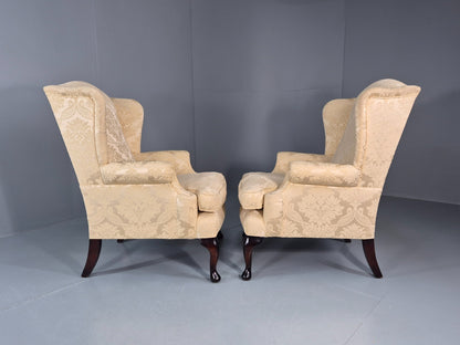 Georgian Style Wingback Armchairs Pair Gold Floral Fabric EB10934 VCLO16
