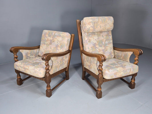2 Vintage Danish Lounge Chairs Floral Beige Cotton Oak Frame Baroque EB8952 VCLO - UKDK FURNITURE