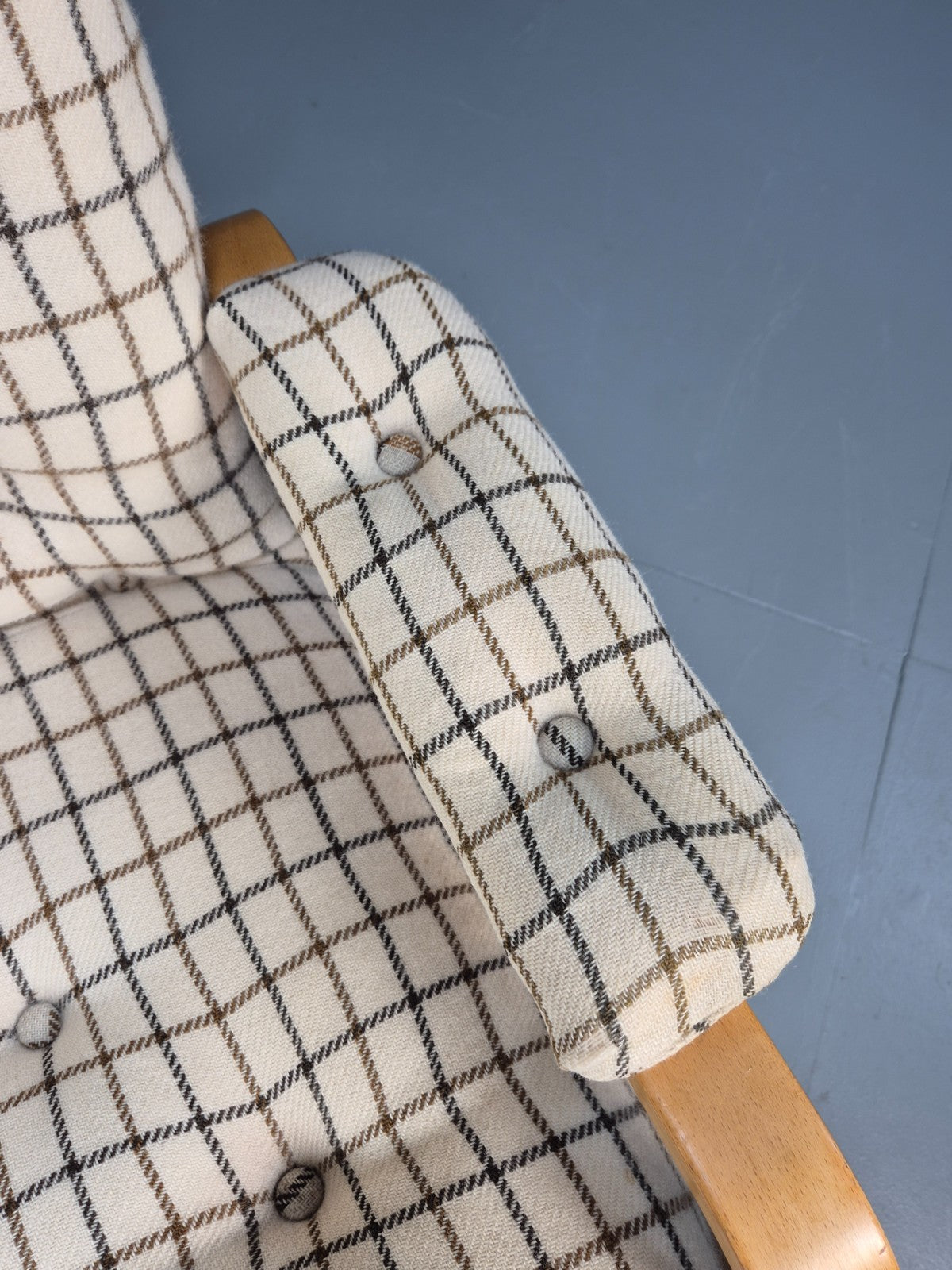 Vintage Bentwood Lounge Chair Danish Cream Wool Check 1980s Retro EB10334 MBEN4