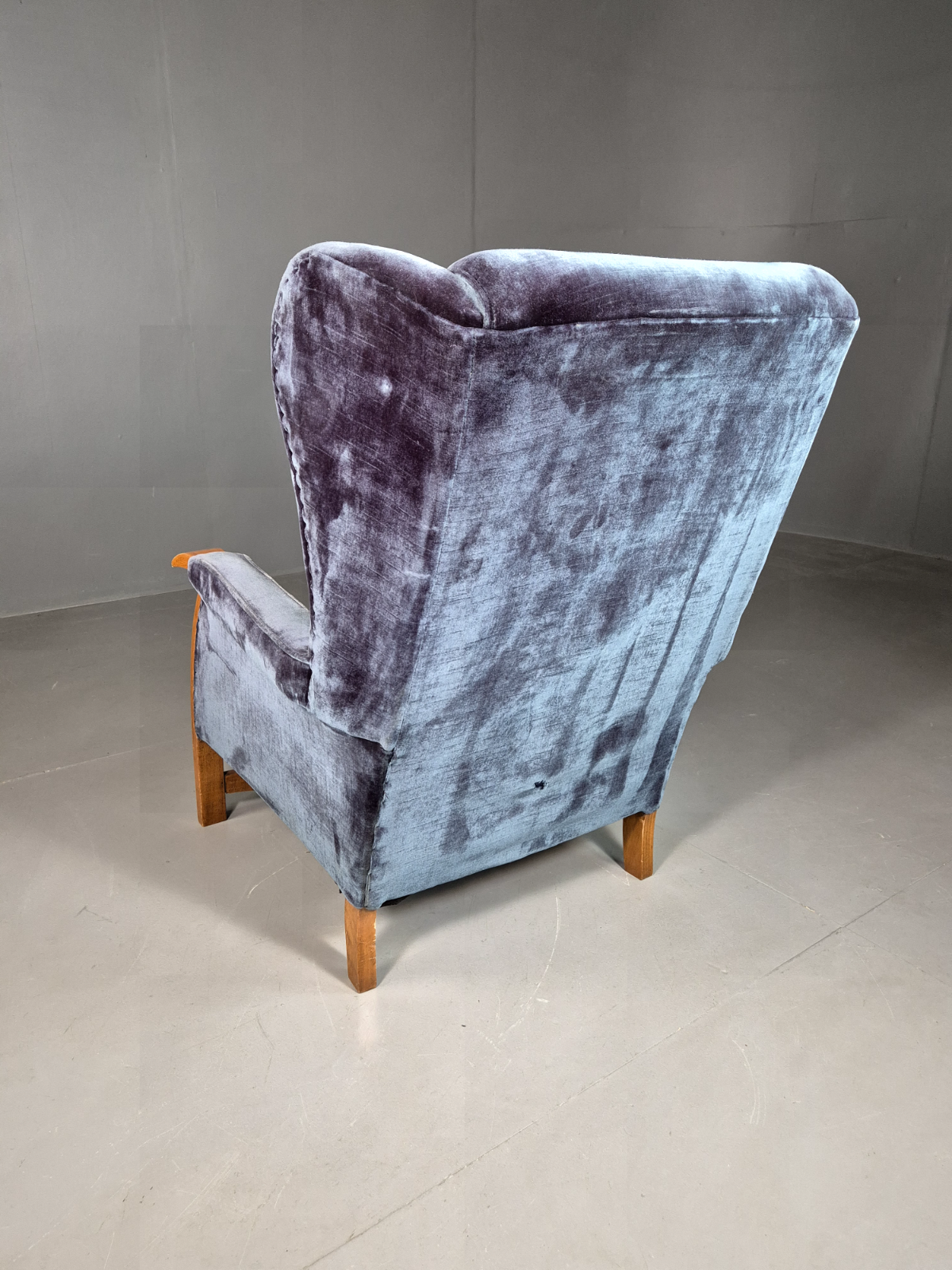 Vintage Lounge Wingback Chair Blue Velour Beech Frame 1950 Retro MCM EB7108 VCLO8