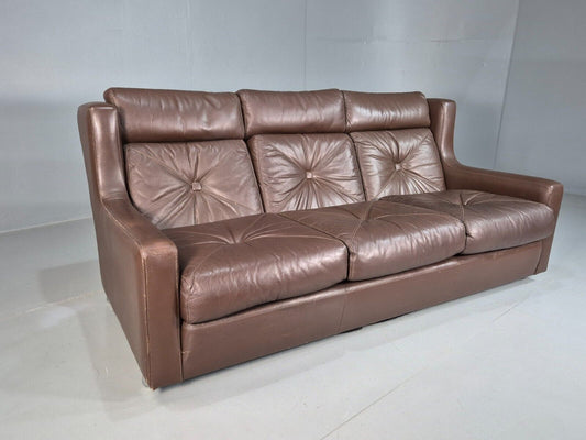Vintage Danish 3 Seat Sofa Brown Leather Wing Back 1970s Retro MCM EB7977 M3SS - UKDK FURNITURE