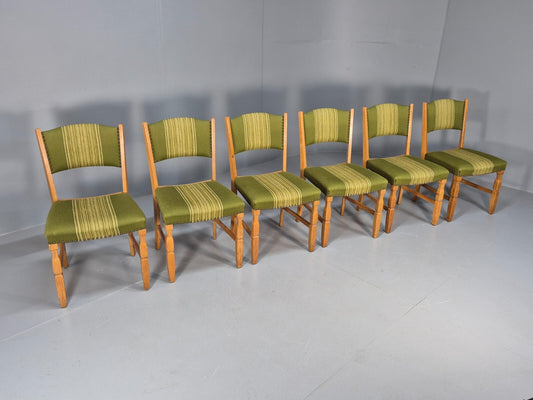 6 Kjaenulf Oak Danish Dinning Chairs Green Stripe Upholstery 1970s EB9536 MDIN - UKDK FURNITURE