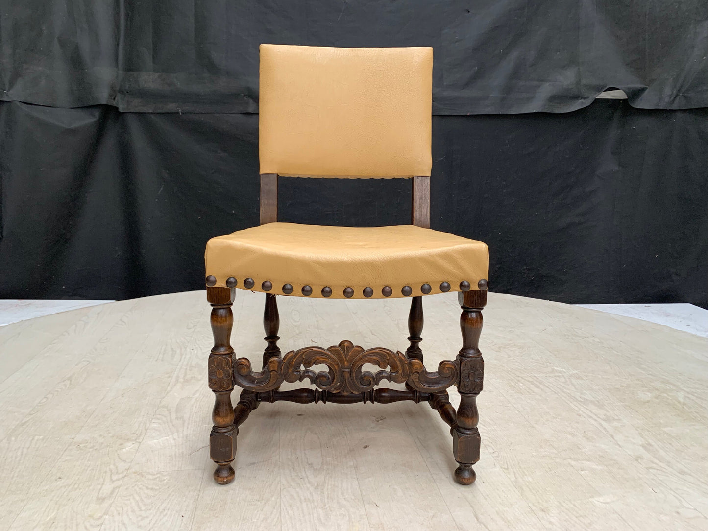 Danish Carved Dining Chair Studded Oak  with Tan Vinyl Vintage EB2915 VDIN2