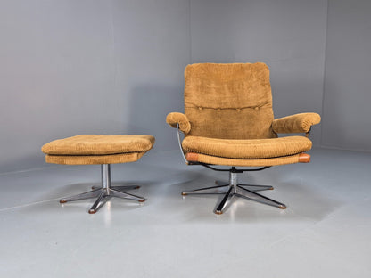 1970s Swivel Chair and Footstool Gold Corduroy Chrome Danish Elu EB10688 MSWI16