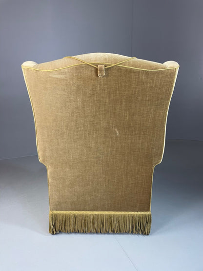 Vintage Danish Wingback Armchair Olive Green Tassel Trim 1950s 1960s VCLO EB48947