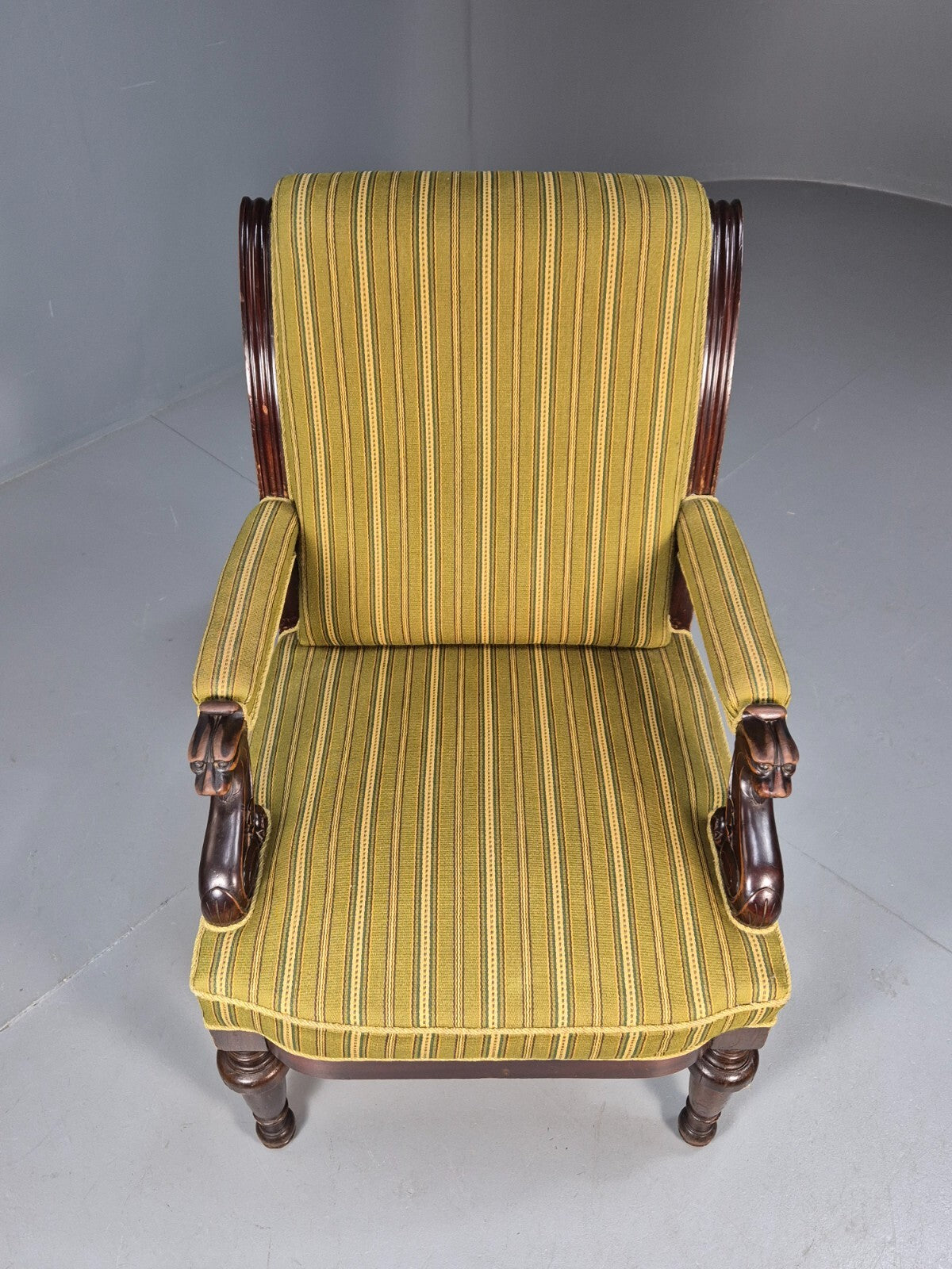 Antique Green Striped Armchair Carved Lion Figures Danish Mahogany EB9626 VCAR - UKDK FURNITURE