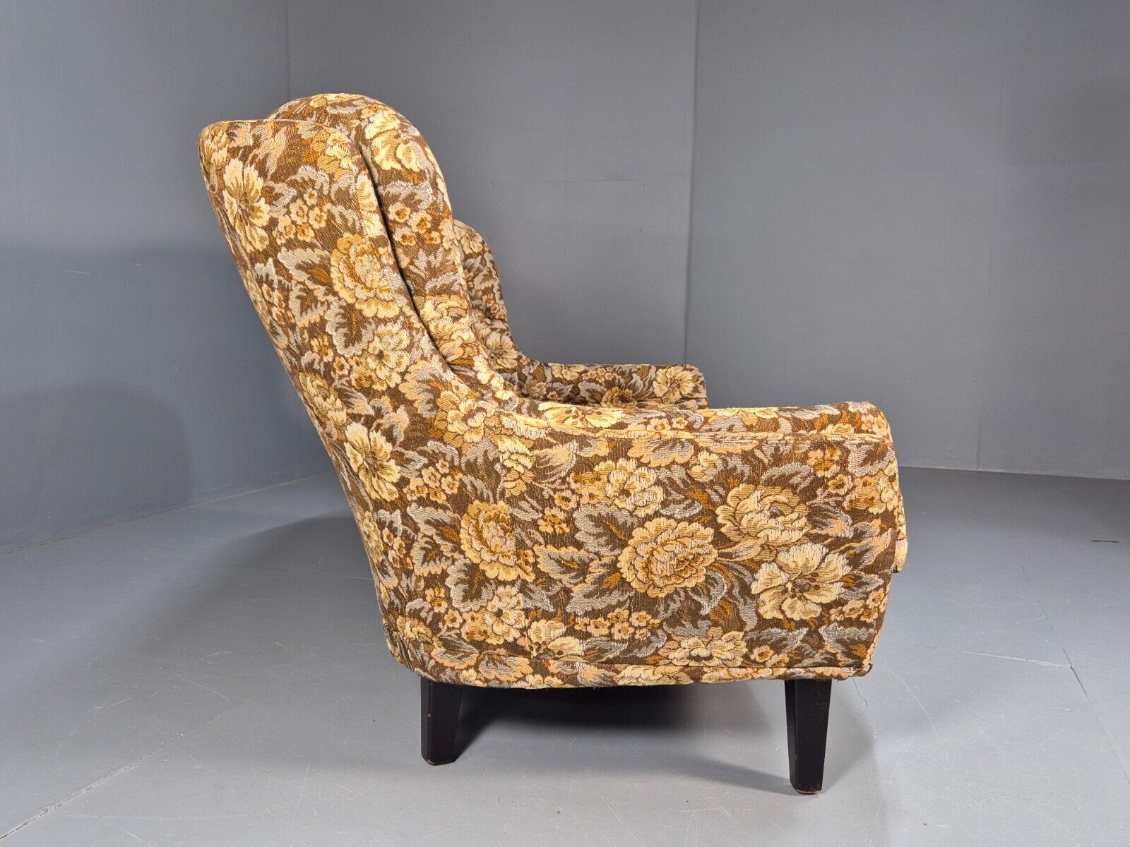 Vintage Danish 2 Seat Sofa Brown Yellow Floral Curved Form Retro MCM EB8949 M2SS - UKDK FURNITURE
