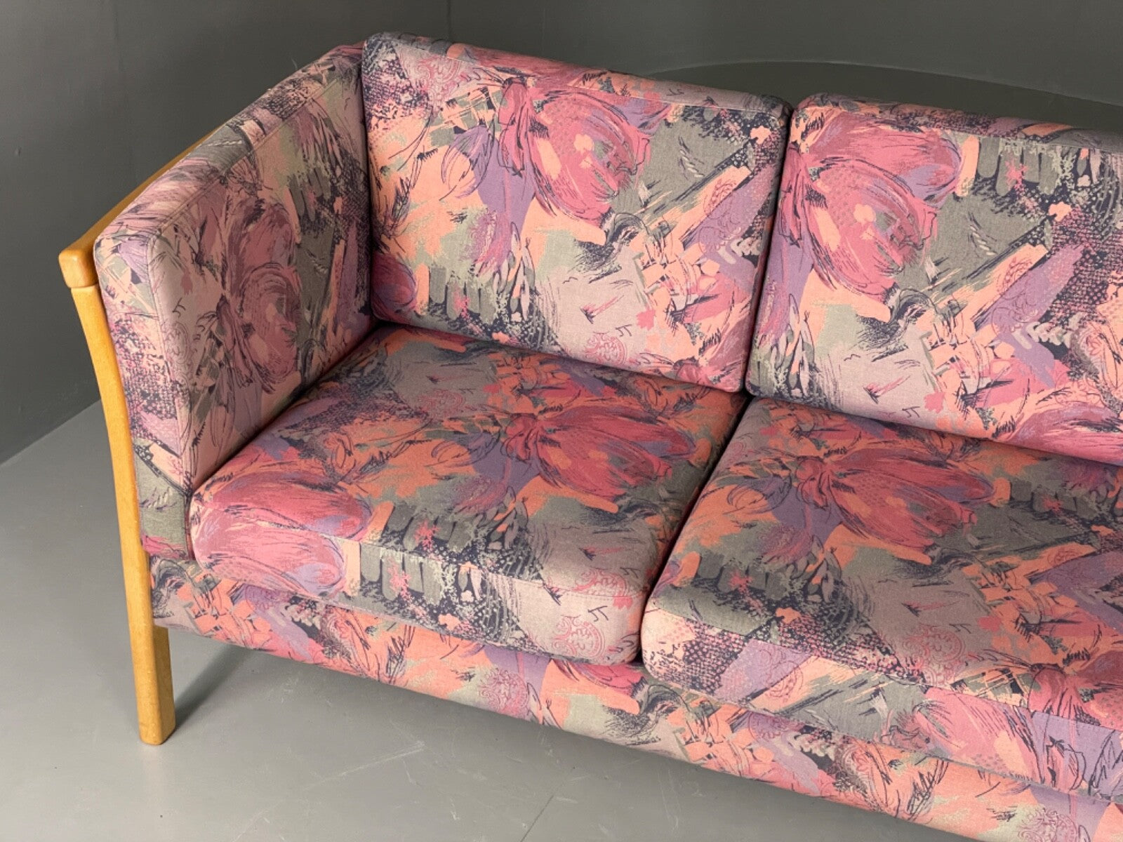 Vintage Stouby Sofa Floral Fabric Beech End 1980s Retro 3 Seat MCM EB6129 M3SS5