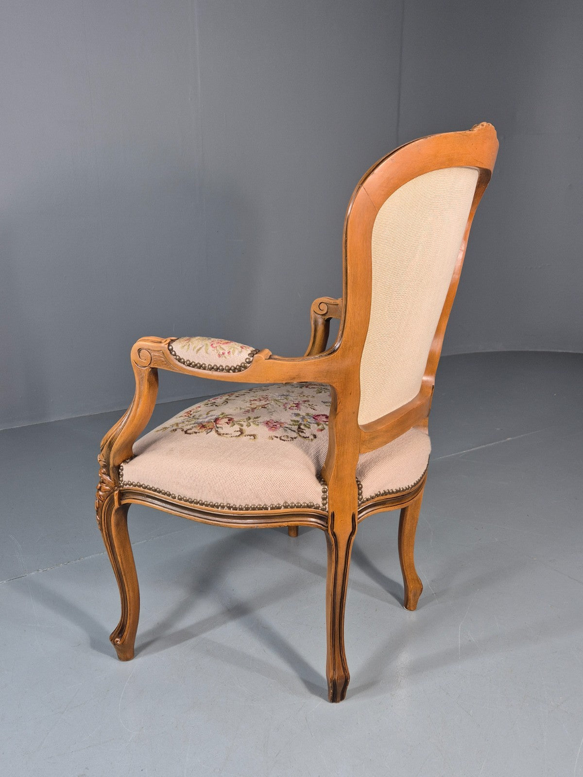 French Rococo Fauteuil Chair Floral Embroidered 1960s Retro EB10777 VDIN10
