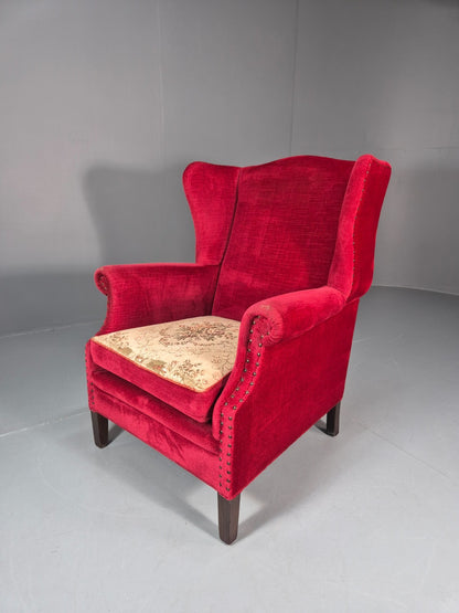 Wing Back Lounge Chair Red Velour Danish 1960s Georgian Style EB10754 VCLO1
