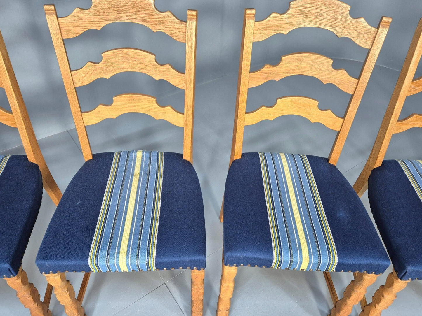 Six Oak Dining Chairs Blue Fabric Henning Kjaernulf Style Vintage EB9361 MDIN - UKDK FURNITURE