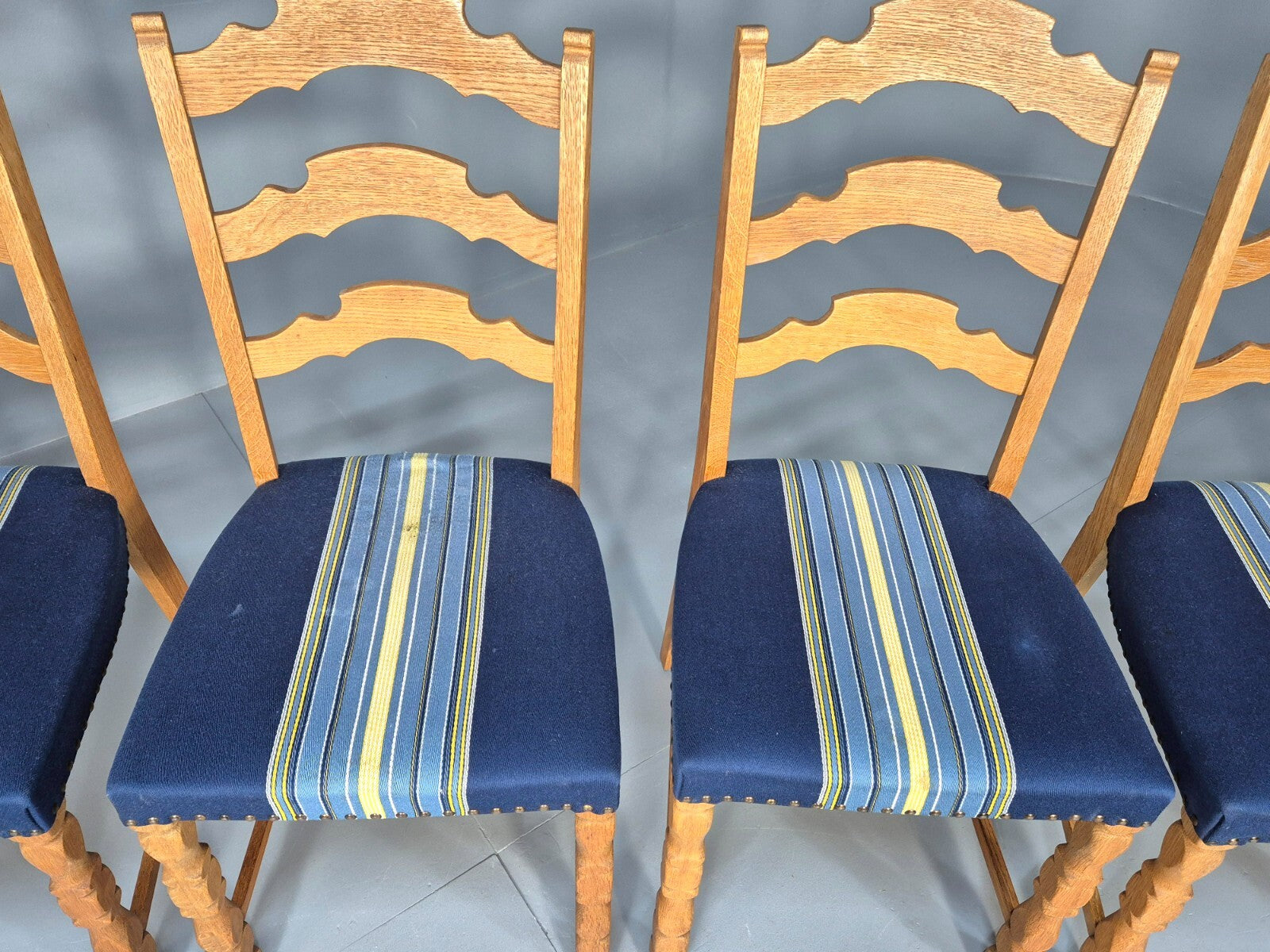 Six Oak Dining Chairs Blue Fabric Henning Kjaernulf Style Vintage EB9361 MDIN - UKDK FURNITURE