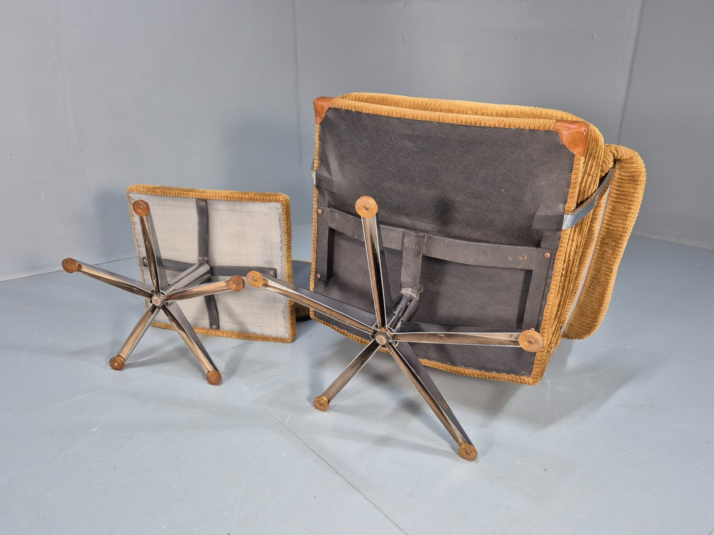 1970s Swivel Chair and Footstool Gold Corduroy Chrome Danish Elu EB10688 MSWI14