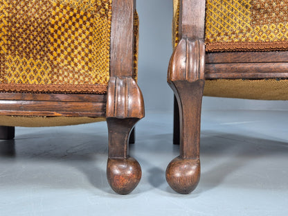 Pair Art Deco Tub Chairs Bergere Back Oak Frame Brown Velour 1930s EB10696 VCAR5