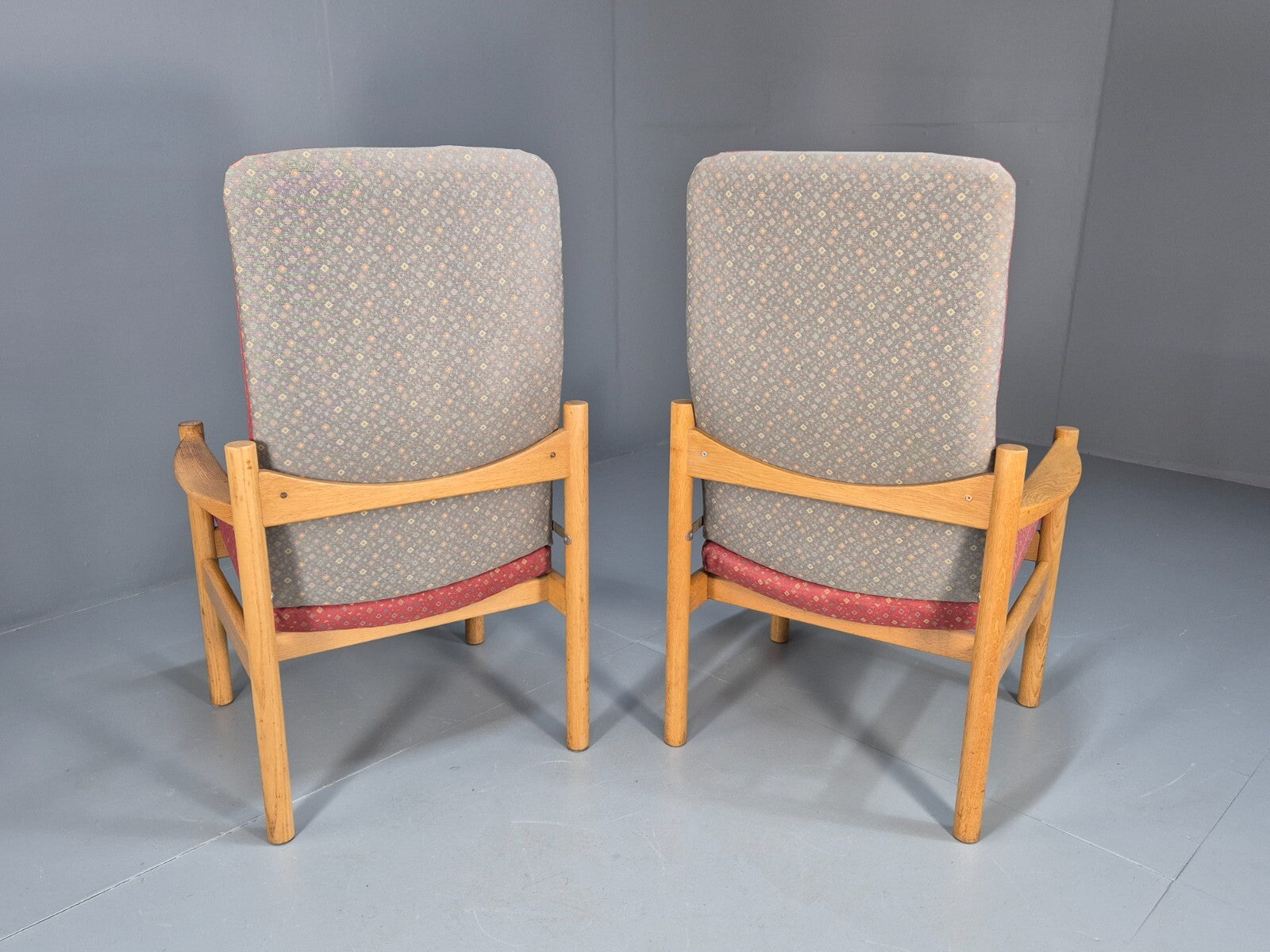 2 Vintage Danish High Back Armchairs Pink and Grey Oak Frame MCM EB9370 MNOR - UKDK FURNITURE