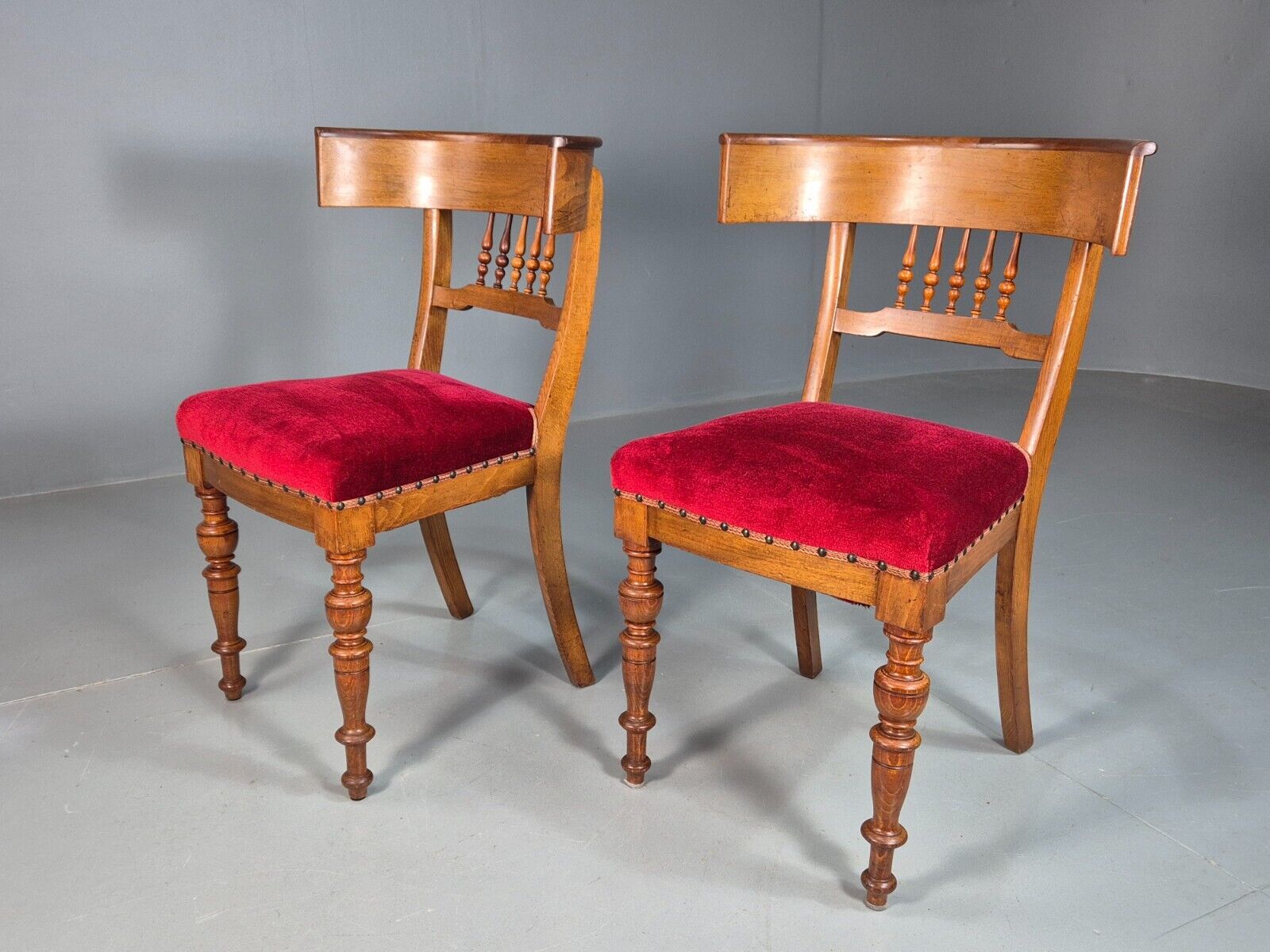 Pair Antique Danish Red Velvet And Mahogany Side Chairs Vintage EB8034 VCLO - UKDK FURNITURE