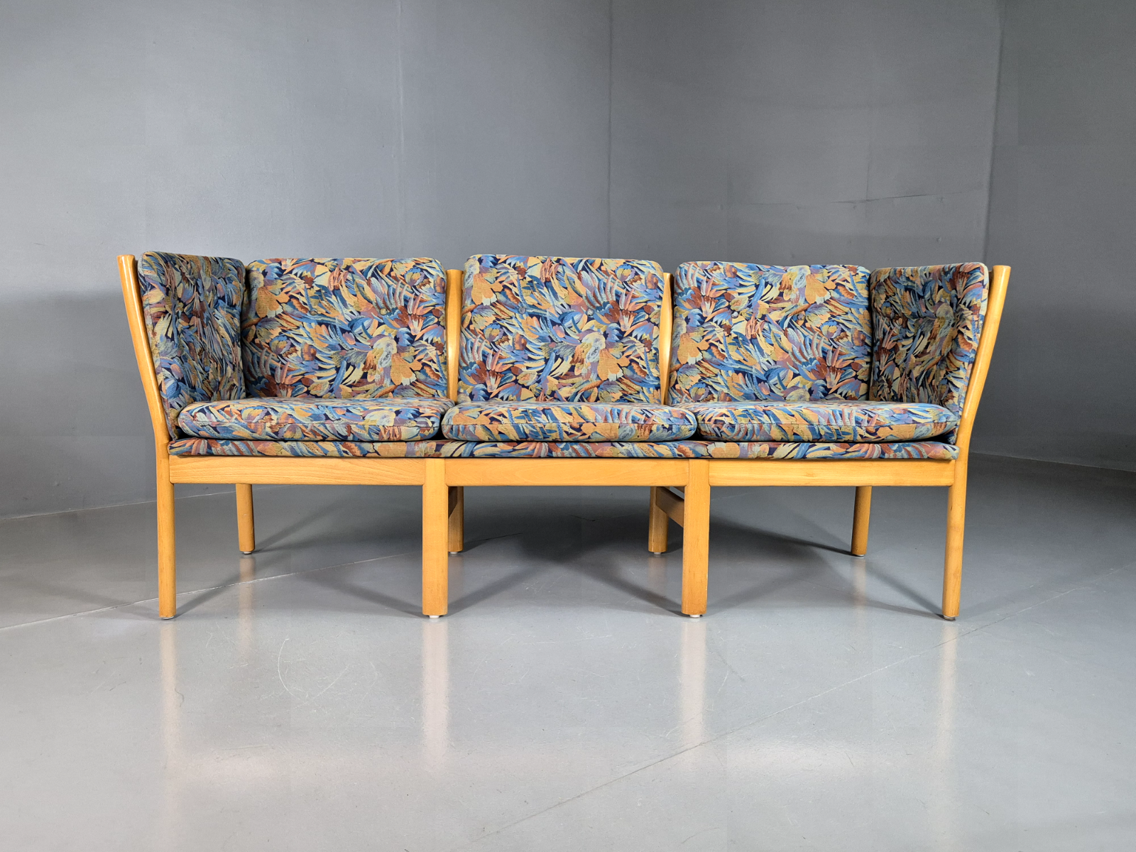 3 Seat Sofa Vintage Danish Blue Floral Beech Frame 1980s Retro EB7279 M3SS2