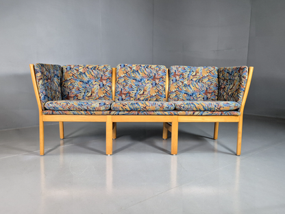 3 Seat Sofa Vintage Danish Blue Floral Beech Frame 1980s Retro EB7279 M3SS2