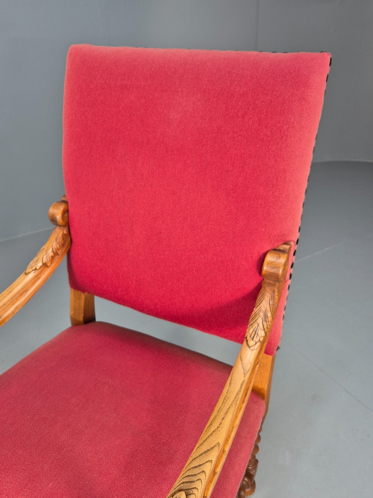 Vintage Danish Baroque Style Armchair in Red Wool and Oak 1950s EB9582 VCAR - UKDK FURNITURE
