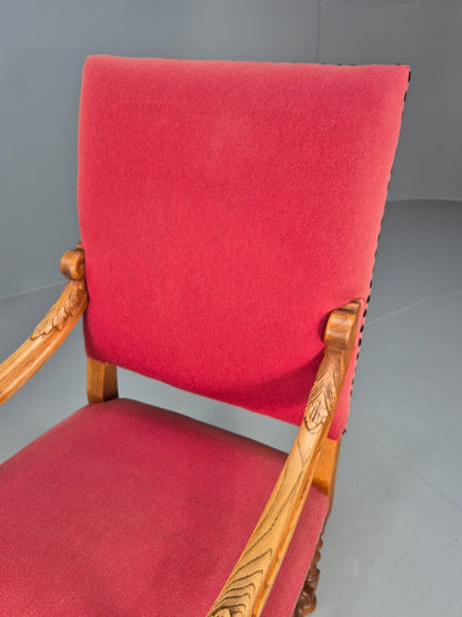 Vintage Danish Baroque Style Armchair in Red Wool and Oak 1950s EB9582 VCAR - UKDK FURNITURE