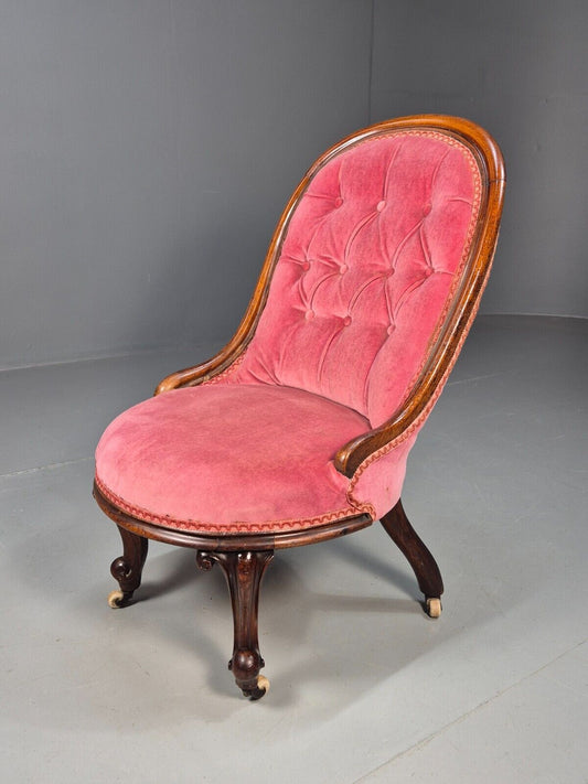 Vintage Lounge Chair Pink Velour Spoonback Nursing Parlour Victorian EB8438 VCLO - UKDK FURNITURE
