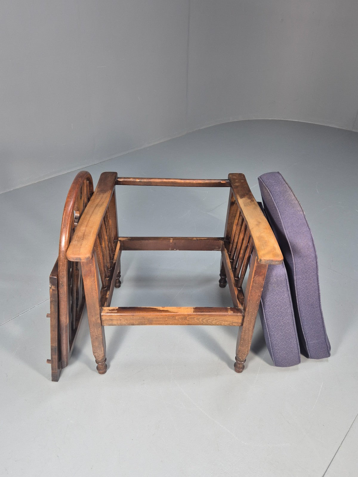Antique Oak Wheel Back Folding Chair Purple upholstery 1900s EB10629 VCAR14