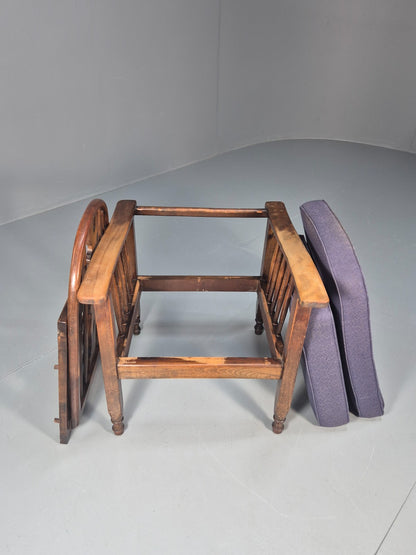 Antique Oak Wheel Back Folding Chair Purple upholstery 1900s EB10629 VCAR14