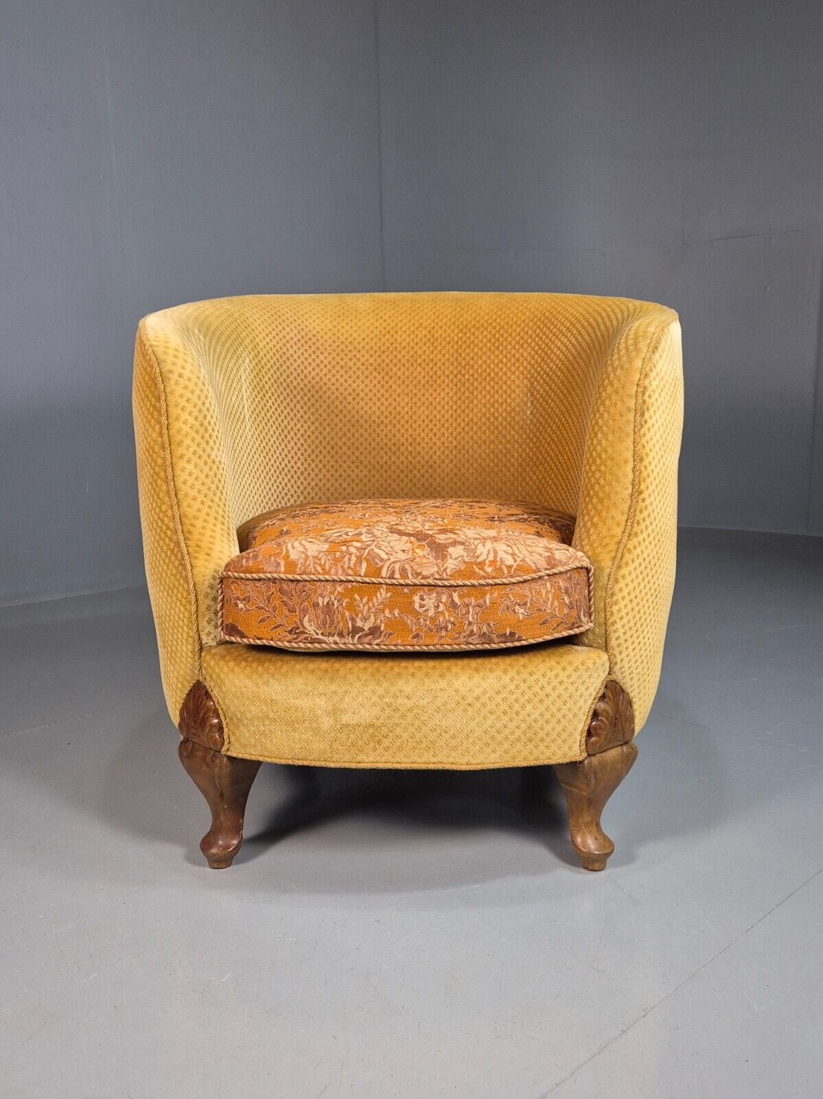 Antique Danish Gold Tub Chair Art Deco Carved Mahogany Feet EB8052 VCLO - UKDK FURNITURE
