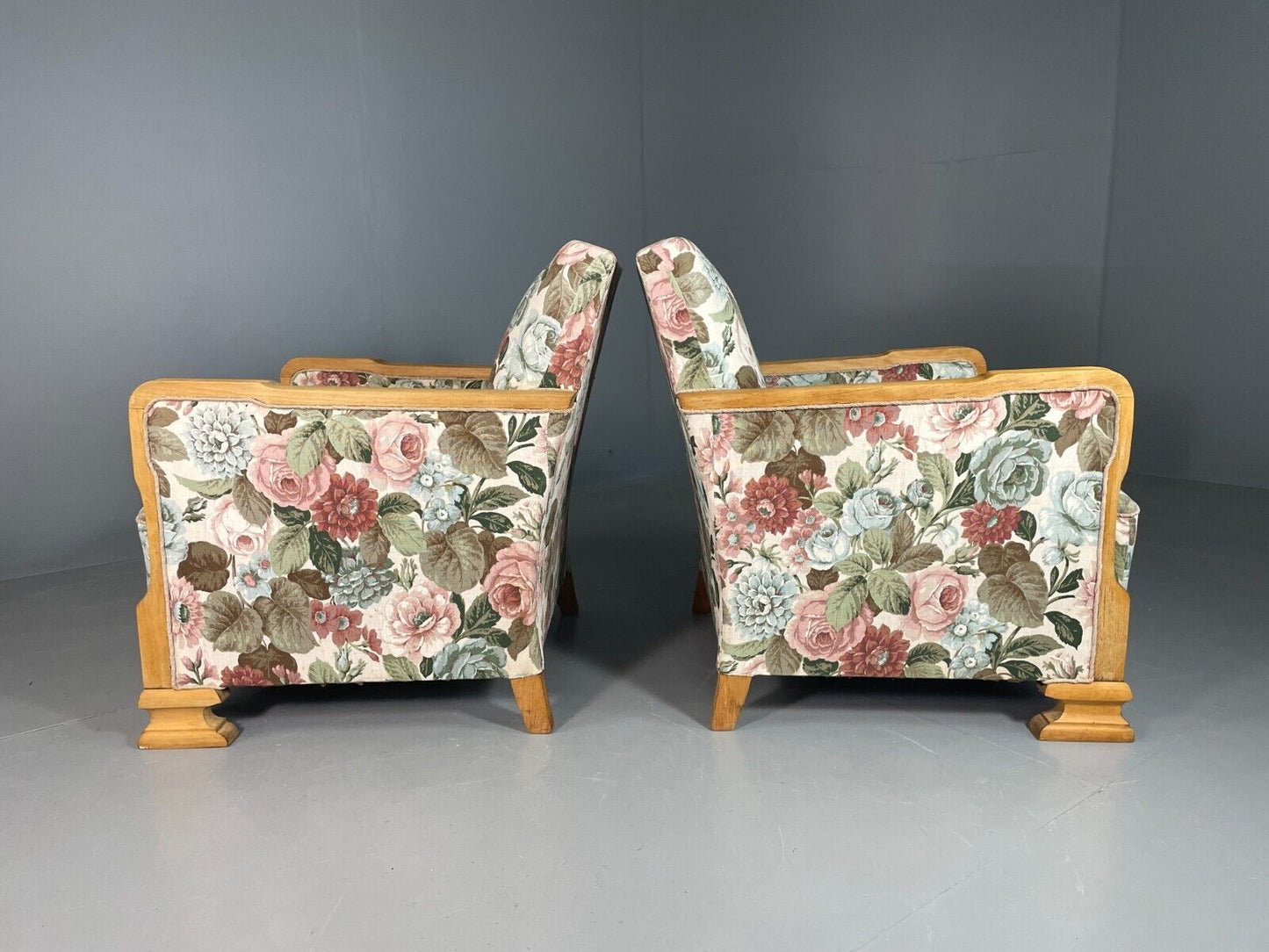 EB6654 2 Vintage Danish Lounge Chairs Floral Honey Oak Art Deco Antique VCLO - UKDK FURNITURE