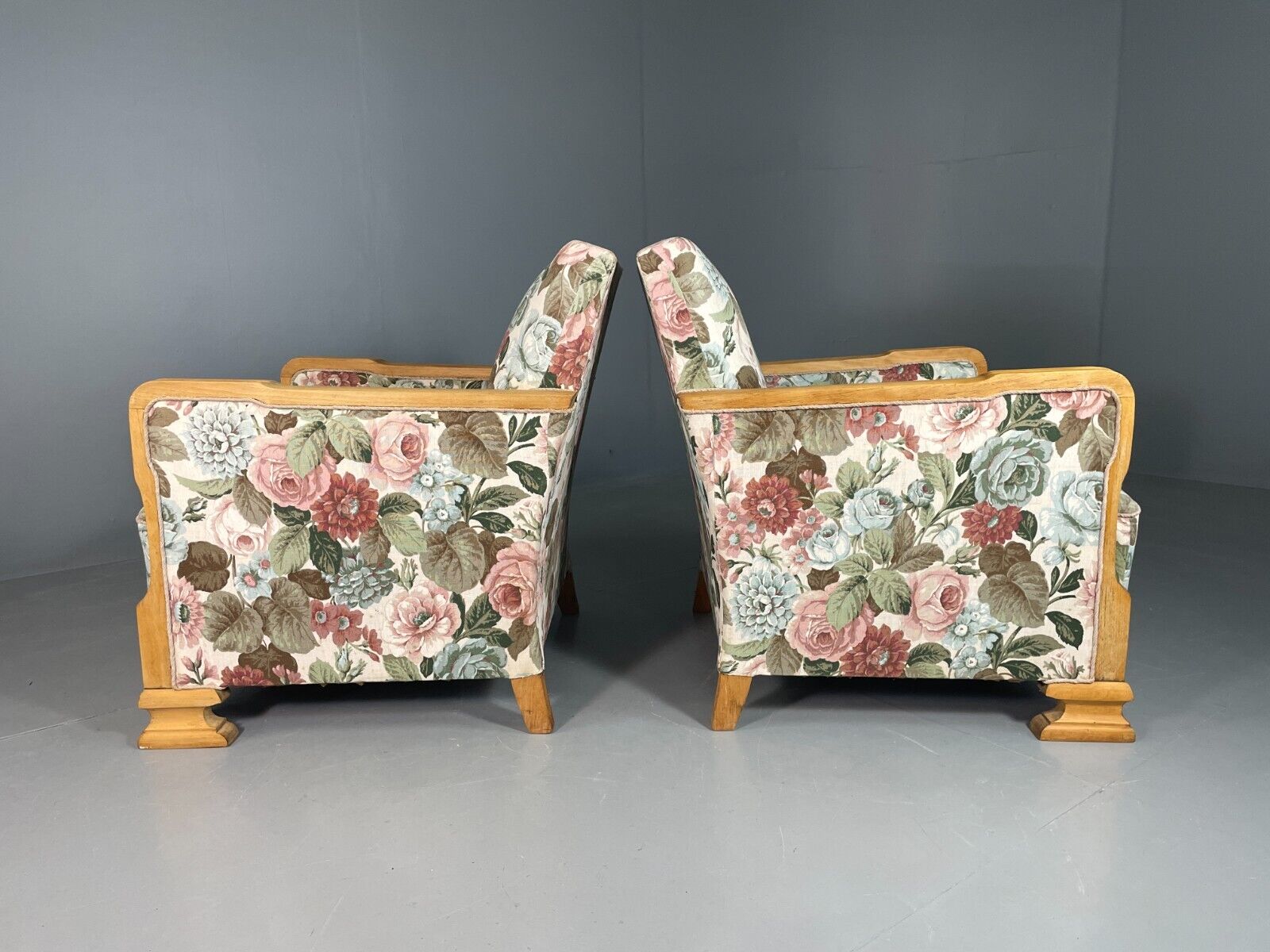 EB6654 2 Vintage Danish Lounge Chairs Floral Honey Oak Art Deco Antique VCLO - UKDK FURNITURE