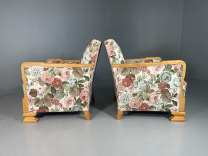EB6654 2 Vintage Danish Lounge Chairs Floral Honey Oak Art Deco Antique VCLO - UKDK FURNITURE