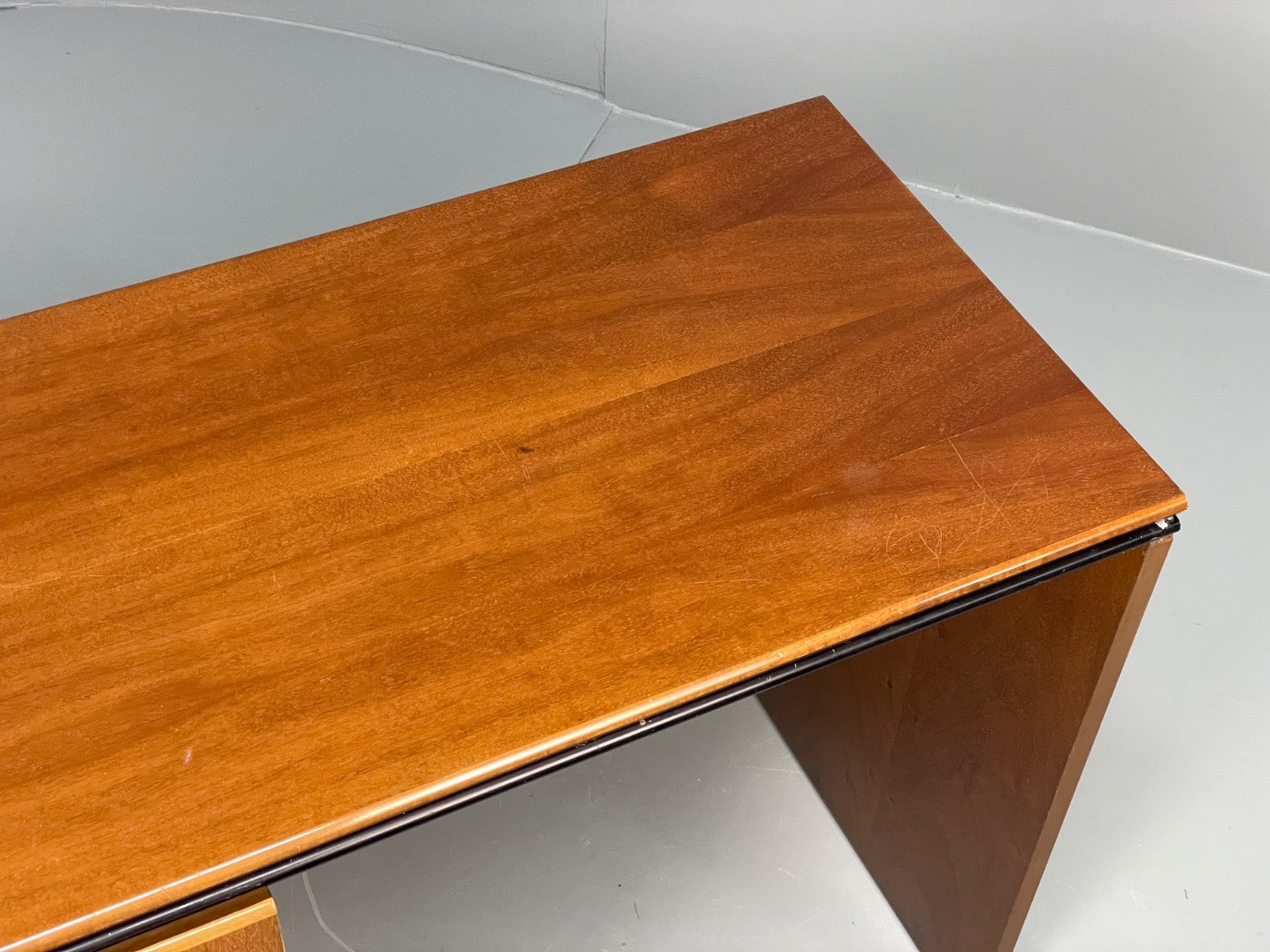 Vintage 1980s Cherry Desk Three Drawers Ball Feet Post Modern EB11058 MWOO6