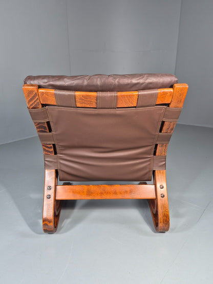 Vintage Skyline Lounge Chair Brown Leather 1970s Retro MCM Bentwood EB11326 MBEN12