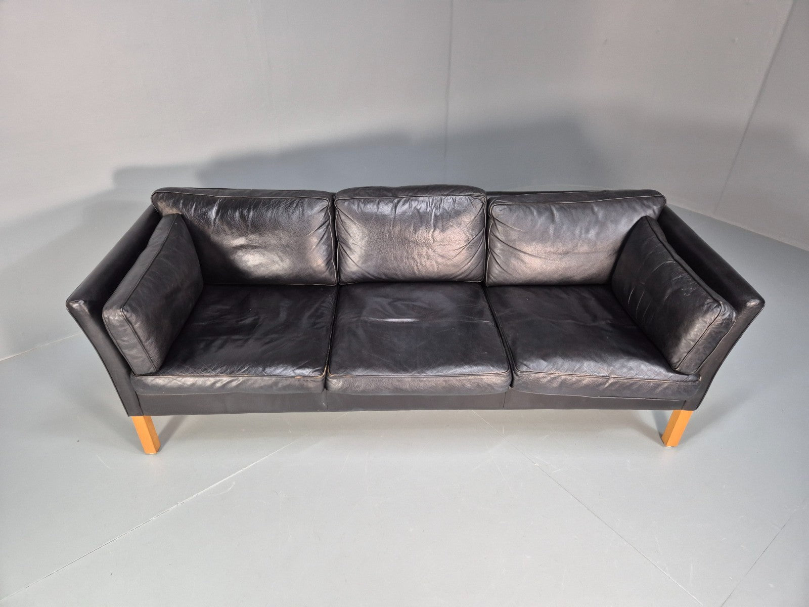 Mid Century Three Seater Sofa Vintage Danish Black Leather Retro EB10114 M3SS4