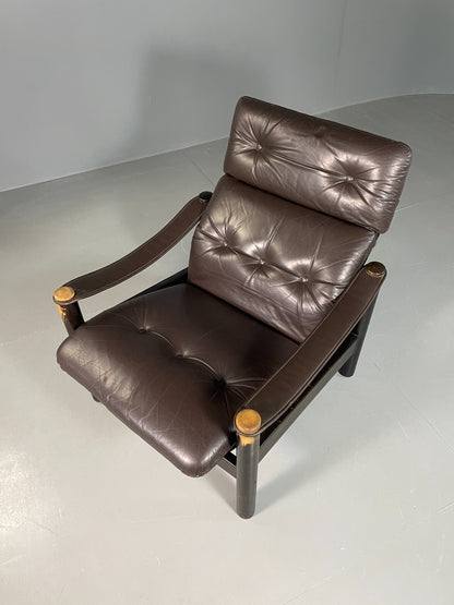 Vintage Danish Lounge Chair Brown Leather Sling Arms Retro MCM EB6867 MNOR12