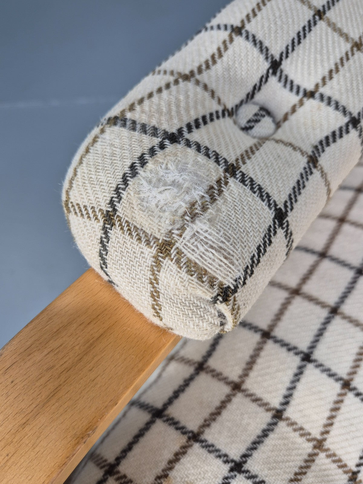 Vintage Bentwood Lounge Chair Danish Cream Wool Check 1980s Retro EB10334 MBEN6