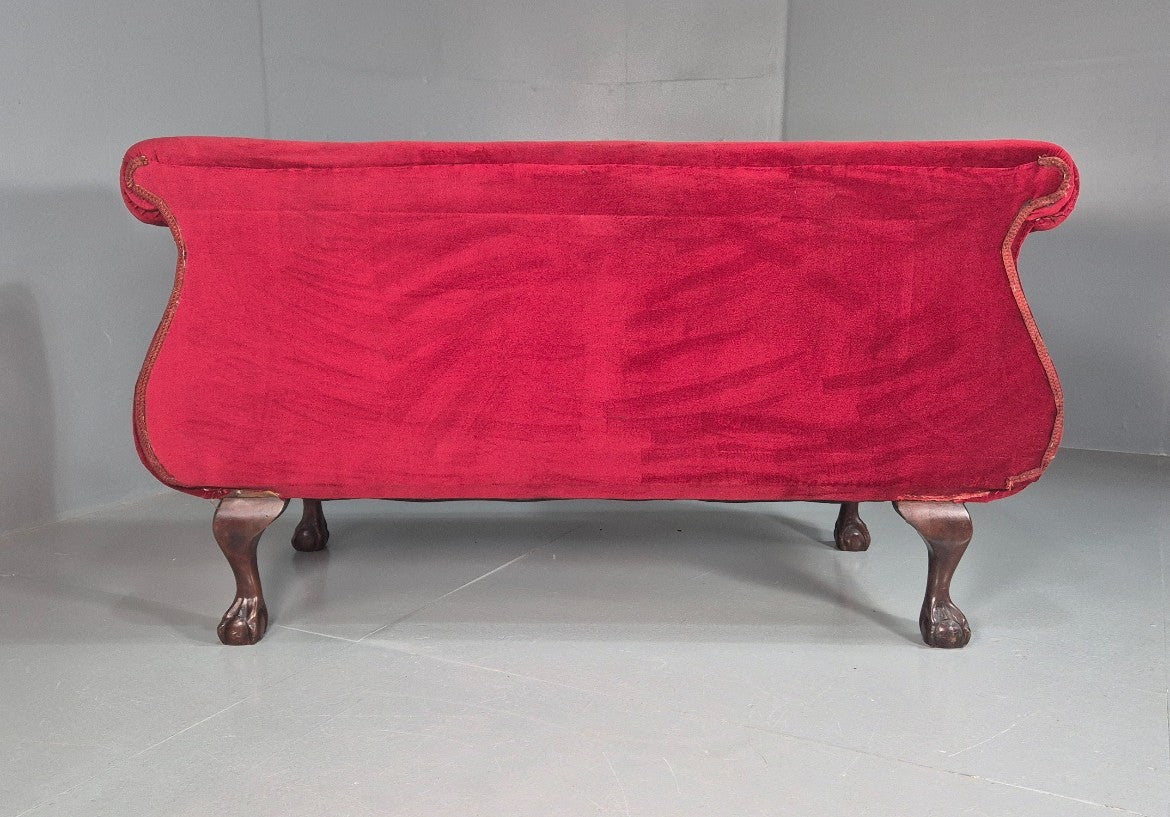 Vintage Antique Scroll End Settee Ball Claw Feet Red Velour 1900s EB7920 V2SS13