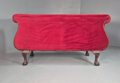 Vintage Antique Scroll End Settee Ball Claw Feet Red Velour 1900s EB7920 V2SS13