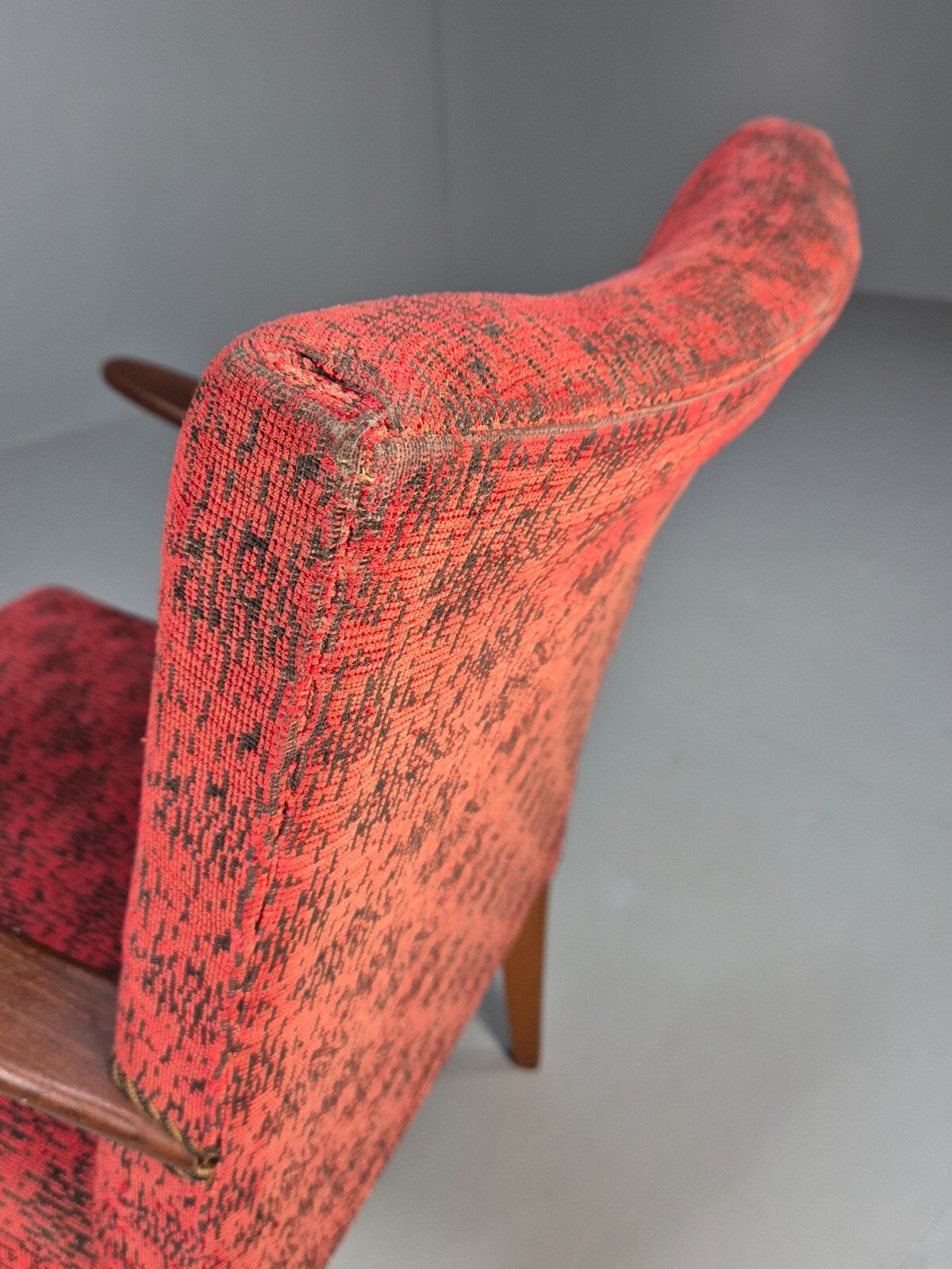 Mid Century Danish Armchair Teak Wood Red Pattern Fabric Vintage 60s EB9598 MNOR10