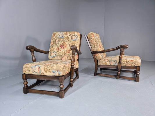 2 Ercol Cloister Lounge Chairs Dark Elm Frame Floral Upholstery 70s EB10987 VCAR0