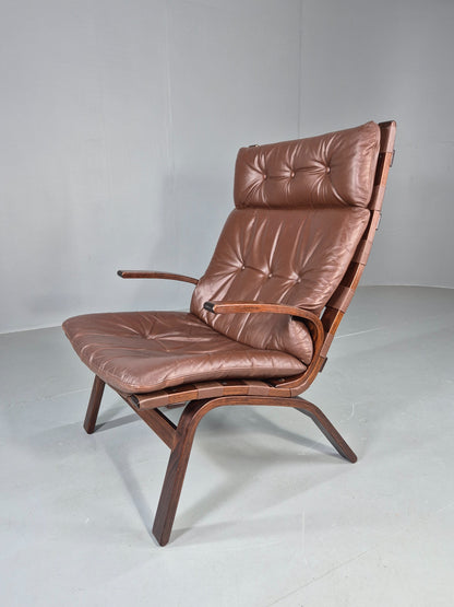 Vintage 1970s Leather Lounge Chair Farstrup Denmark Bentwood Frame Retro EB12311