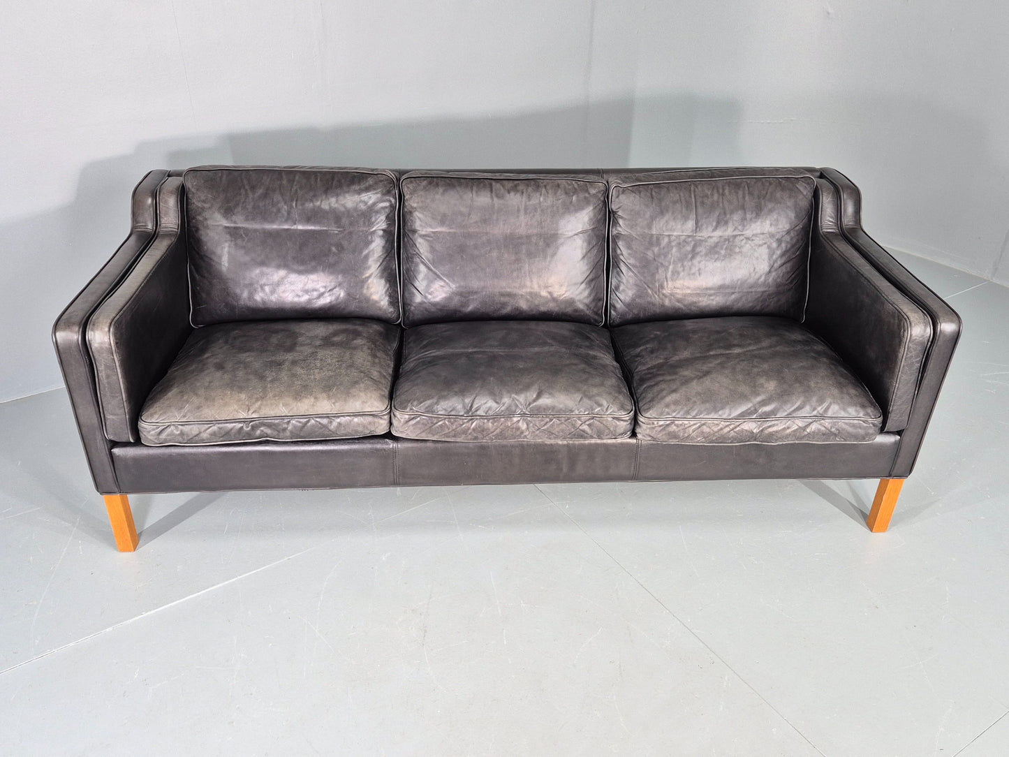 Vintage Stouby 3 Seat Sofa Black Leather 1980s Retro MCM Mogensen Style EB12427