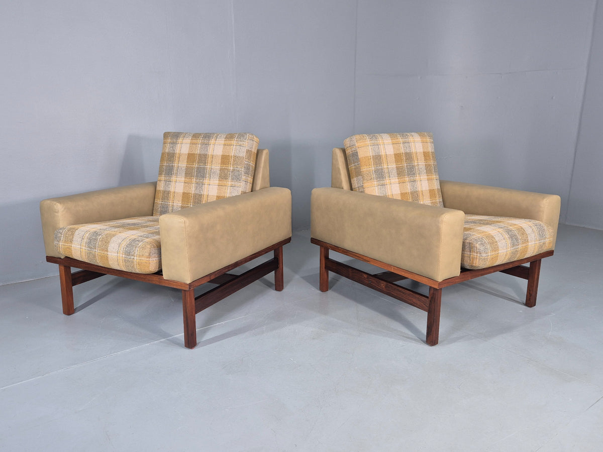 2 Vintage Danish Design Lounge Chairs New Leather and Wool Upholstery 1960s12040