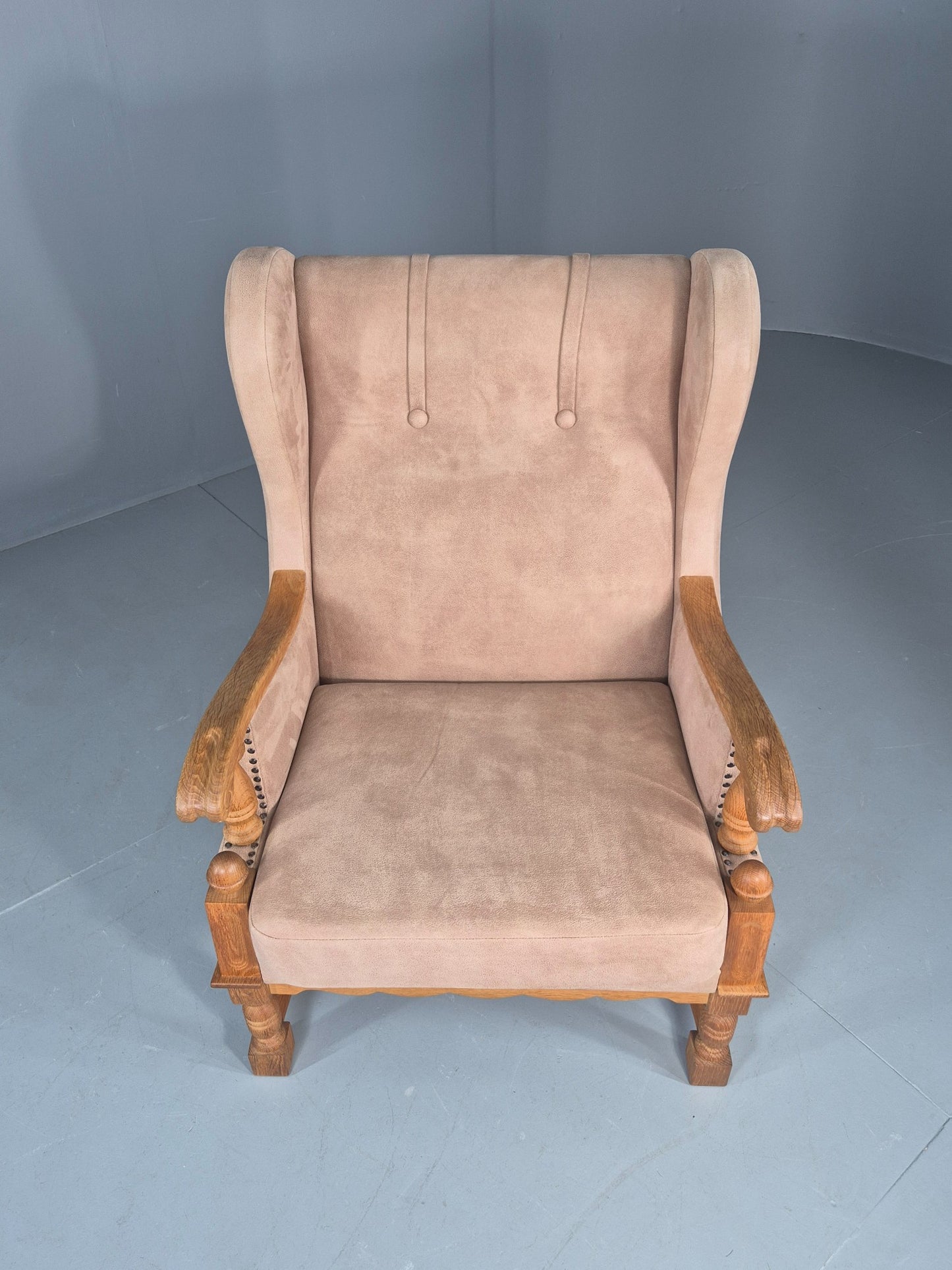 Vintage Wing Back Lounge Chair 1970s Danish Faux Suede on Oak Frame EB12774