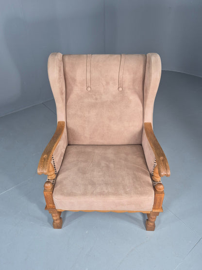 Vintage Wing Back Lounge Chair 1970s Danish Faux Suede on Oak Frame EB12774