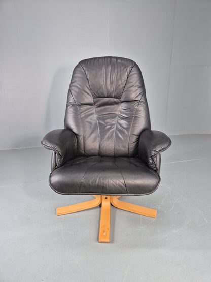 Vintage Leather Swivel Recline Armchair Black 1980s Design Retro EB12313