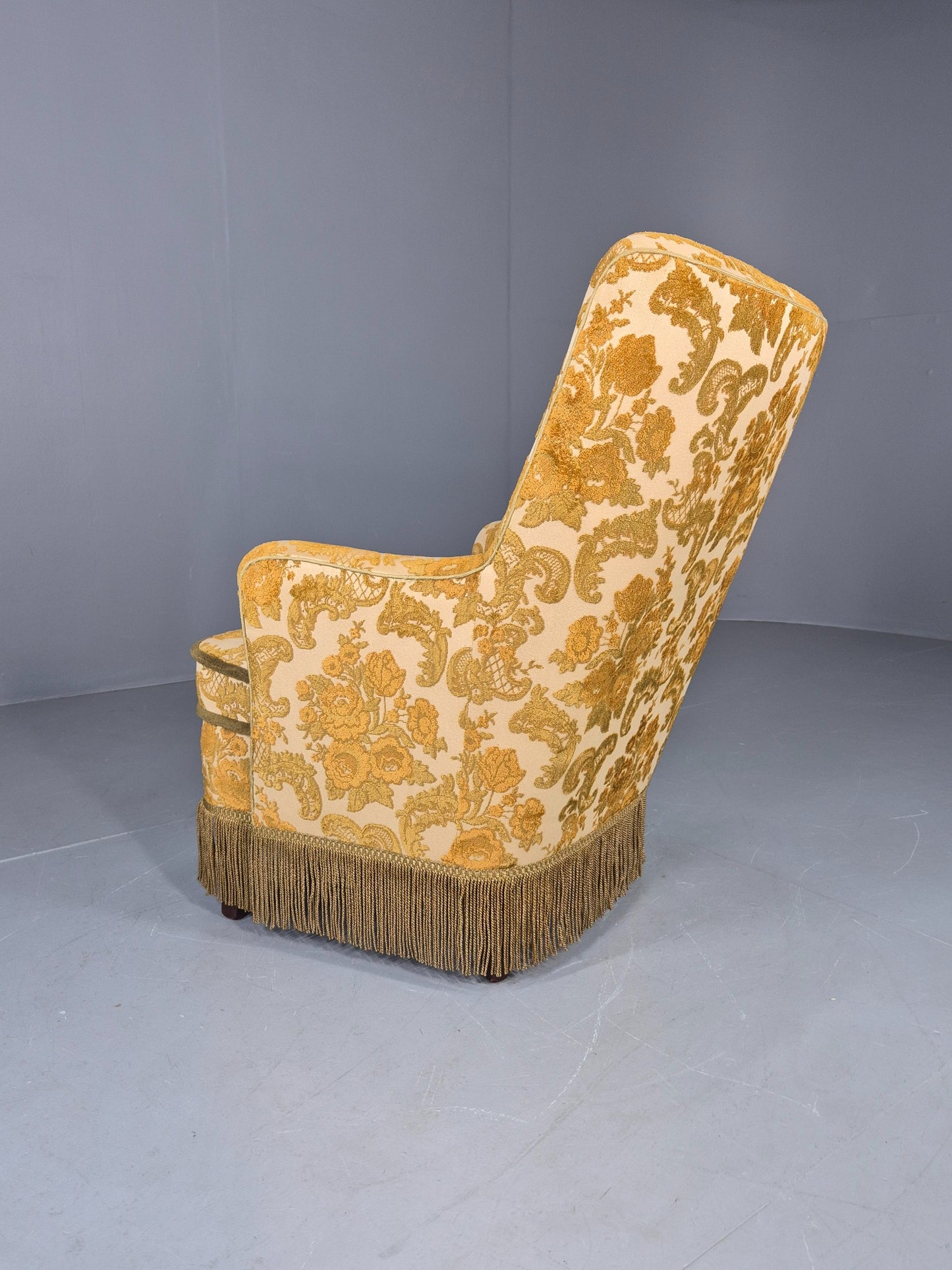 Vintage Danish 1970s Bedroom Tub Chair Gold Floral Flock Tassels EB12685