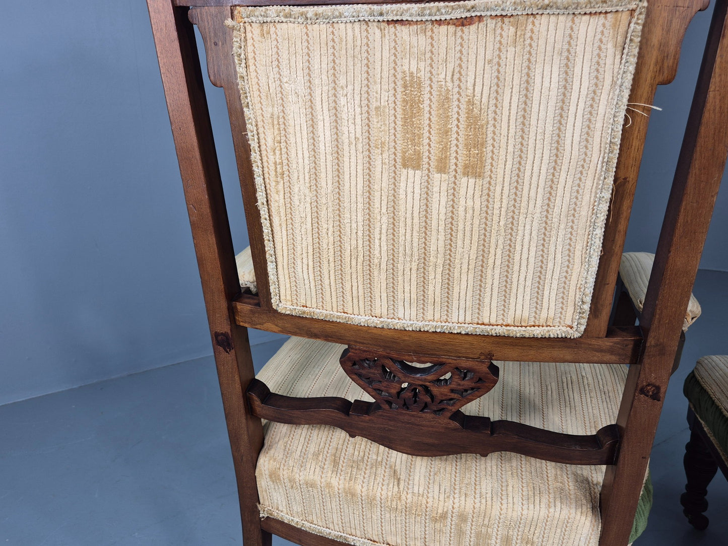 2 Antique Mahogany Saloon Chairs Green and Cream Upholstery Edwardian EB12792